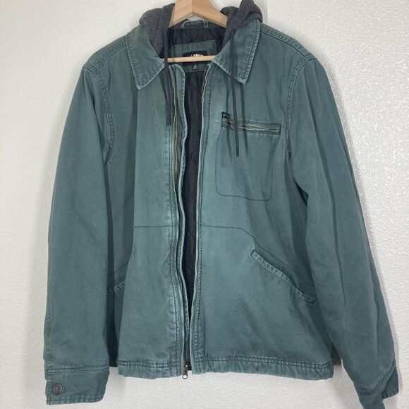 Billabong Barlow Jacket Mens Medium Green Hooded Canvas Zip Front Quilted Lined - Picture 2 of 16